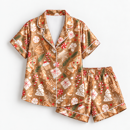 PJ-M2053- Gingerbread Christmas Satin Pajama Set with Cookies Candy Canes Snowflakes Trees and Festive Holiday Pattern