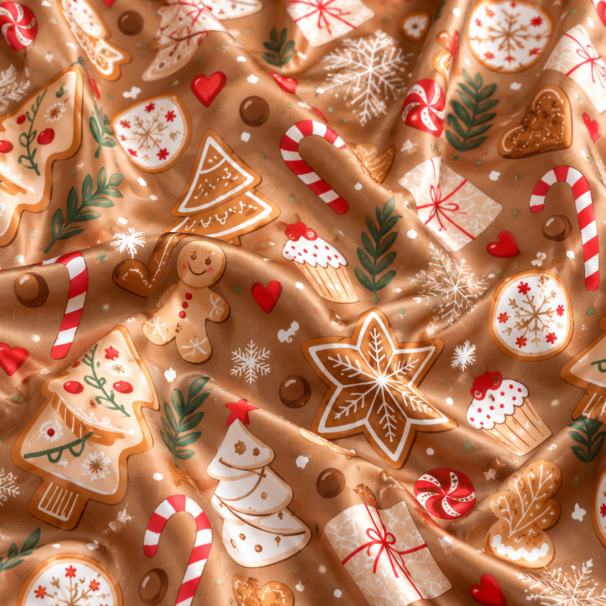 PJ-M2053- Gingerbread Christmas Satin Pajama Set with Cookies Candy Canes Snowflakes Trees and Festive Holiday Pattern