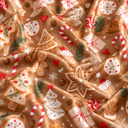 PJ-M2053- Gingerbread Christmas Satin Pajama Set with Cookies Candy Canes Snowflakes Trees and Festive Holiday Pattern