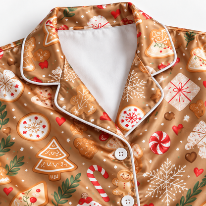PJ-M2053- Gingerbread Christmas Satin Pajama Set with Cookies Candy Canes Snowflakes Trees and Festive Holiday Pattern