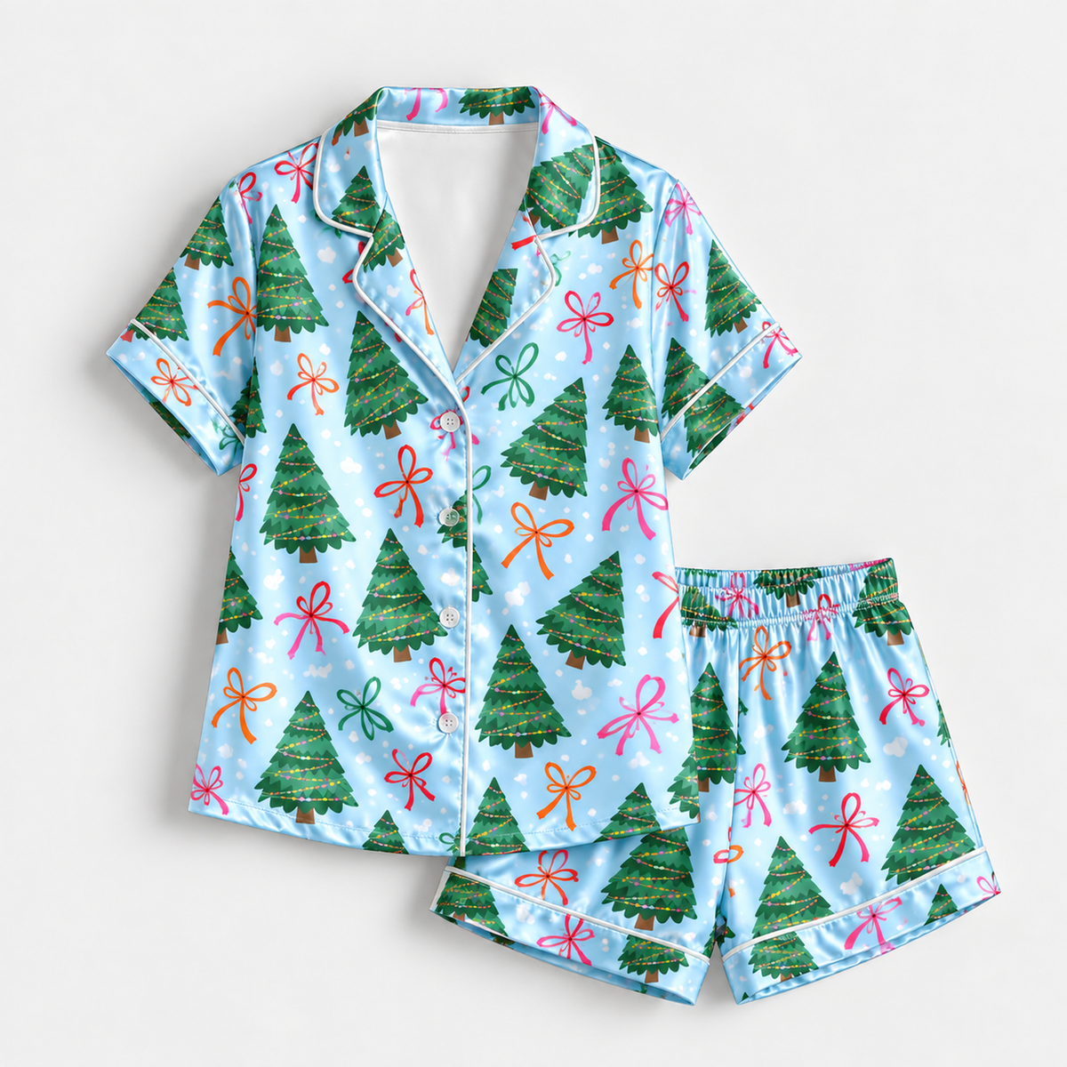PJ-M2054- Christmas Tree Satin Pajama Set with Colorful Ribbon Bows Snowflakes and Festive Blue Holiday Pattern