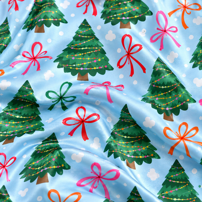 PJ-M2054- Christmas Tree Satin Pajama Set with Colorful Ribbon Bows Snowflakes and Festive Blue Holiday Pattern