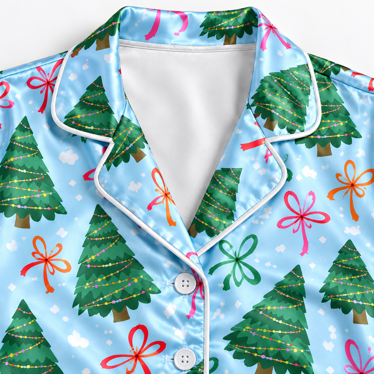 PJ-M2054- Christmas Tree Satin Pajama Set with Colorful Ribbon Bows Snowflakes and Festive Blue Holiday Pattern