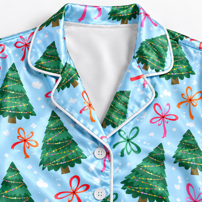 PJ-M2054- Christmas Tree Satin Pajama Set with Colorful Ribbon Bows Snowflakes and Festive Blue Holiday Pattern