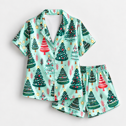 PJ-M2055- Christmas Tree Satin Pajama Set with Colorful Festive Trees Stars and Whimsical Holiday Pattern