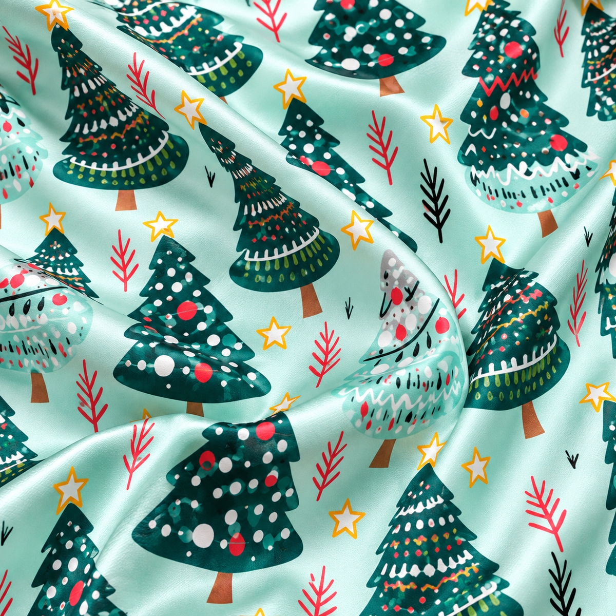 PJ-M2055- Christmas Tree Satin Pajama Set with Colorful Festive Trees Stars and Whimsical Holiday Pattern