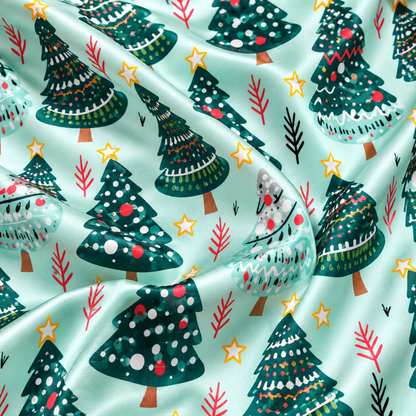PJ-M2055- Christmas Tree Satin Pajama Set with Colorful Festive Trees Stars and Whimsical Holiday Pattern