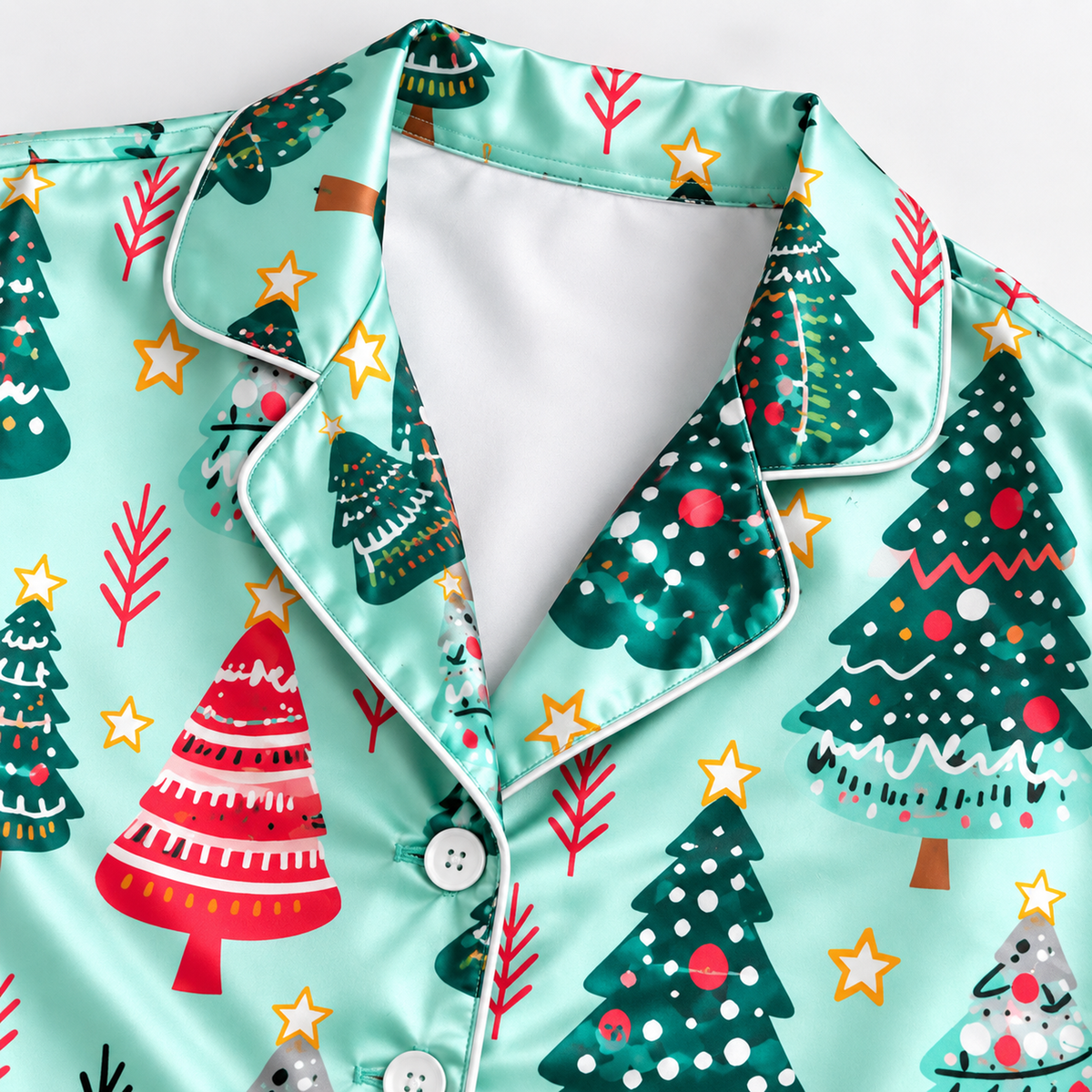PJ-M2055- Christmas Tree Satin Pajama Set with Colorful Festive Trees Stars and Whimsical Holiday Pattern