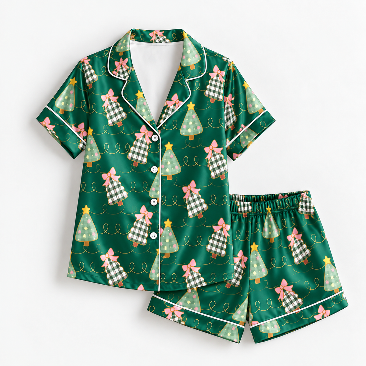 PJ-M2057-Christmas Tree Satin Pajama Set with Pink Bows Plaid Trees Stars and Festive Green Holiday Pattern