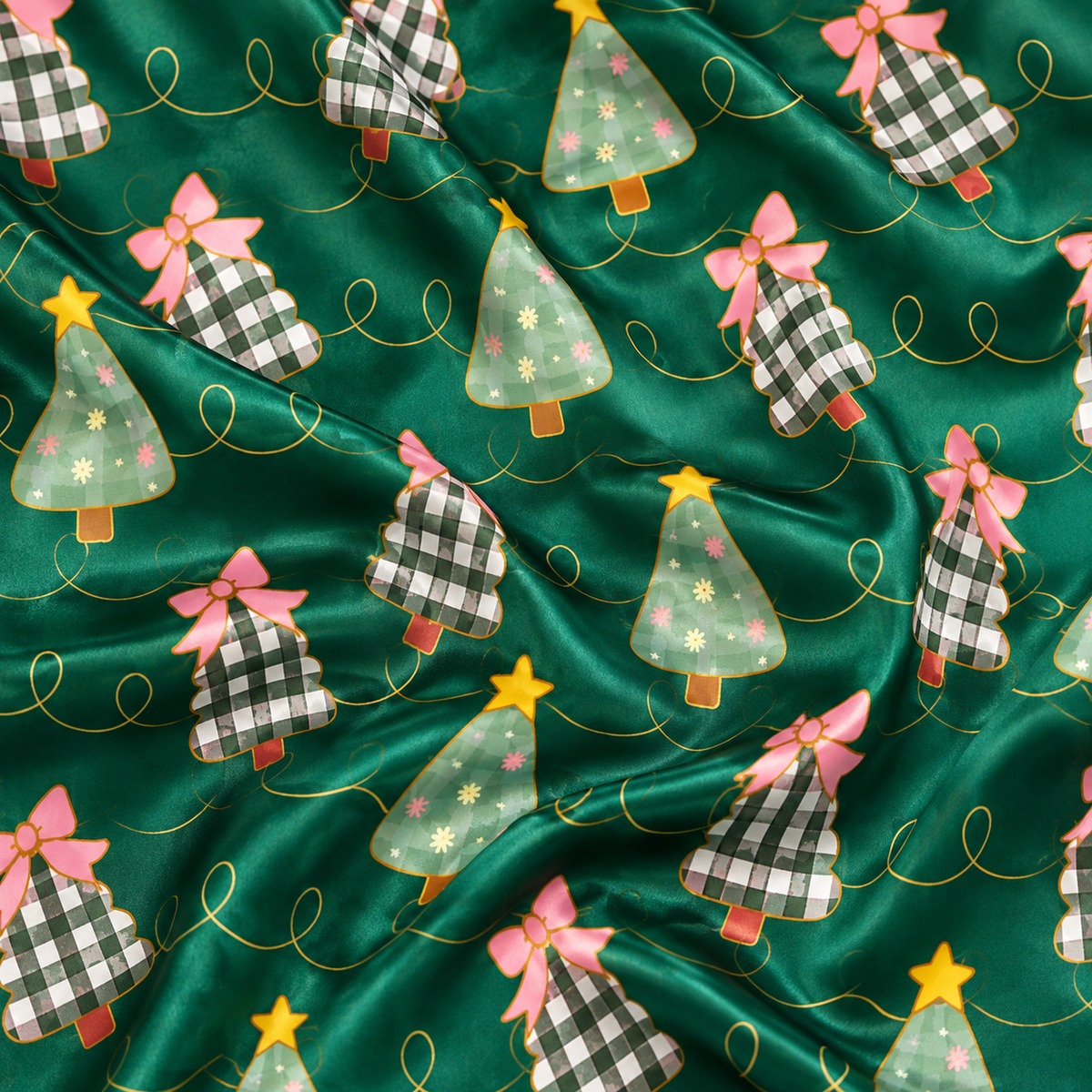 PJ-M2057-Christmas Tree Satin Pajama Set with Pink Bows Plaid Trees Stars and Festive Green Holiday Pattern