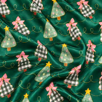 PJ-M2057-Christmas Tree Satin Pajama Set with Pink Bows Plaid Trees Stars and Festive Green Holiday Pattern
