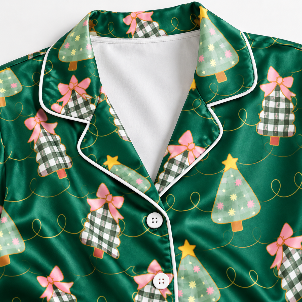 PJ-M2057-Christmas Tree Satin Pajama Set with Pink Bows Plaid Trees Stars and Festive Green Holiday Pattern