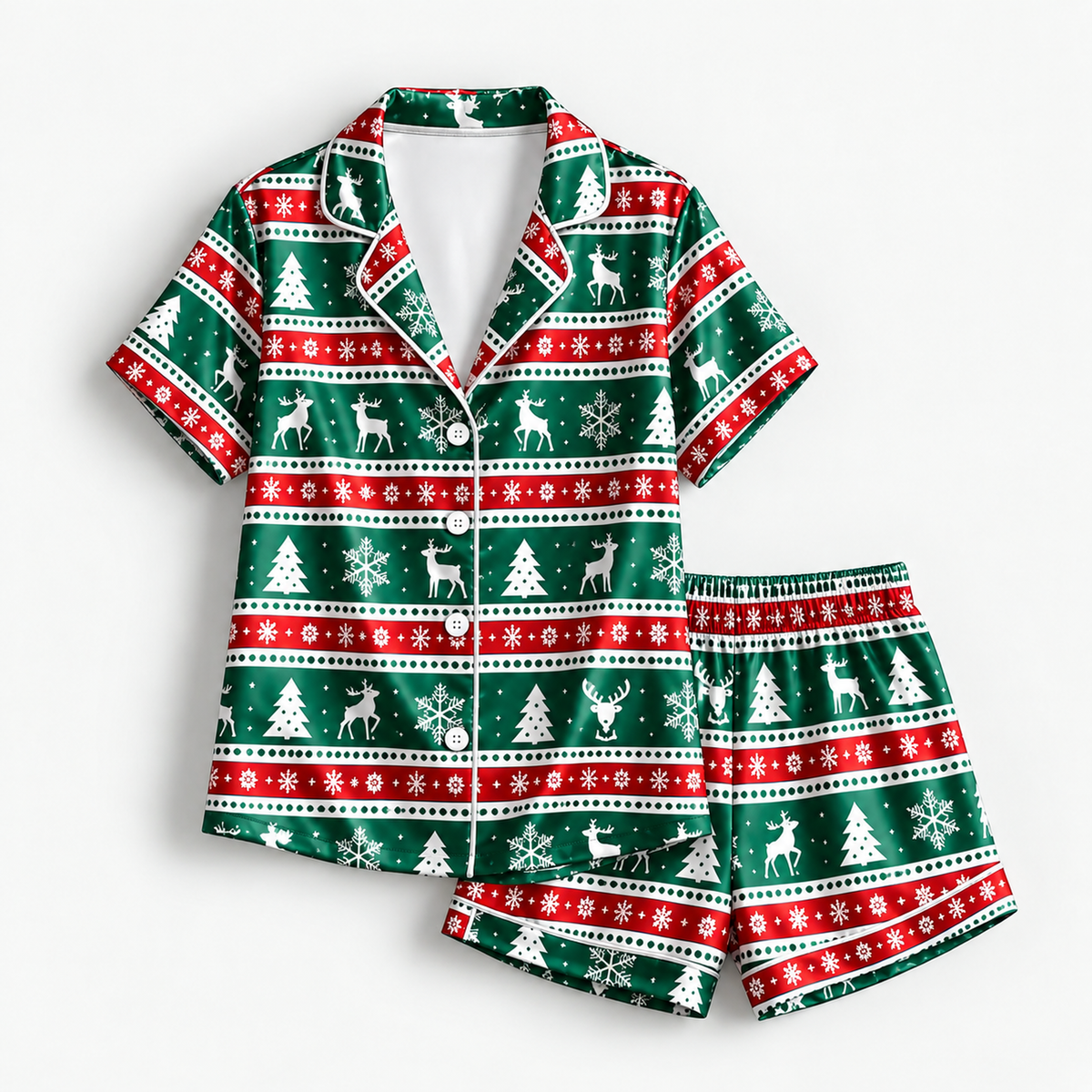 PJ-M2058-Christmas Reindeer Satin Pajama Set with Snowflakes Trees and Festive Green Red Nordic Fair Isle Pattern