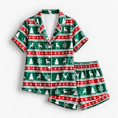 PJ-M2058-Christmas Reindeer Satin Pajama Set with Snowflakes Trees and Festive Green Red Nordic Fair Isle Pattern