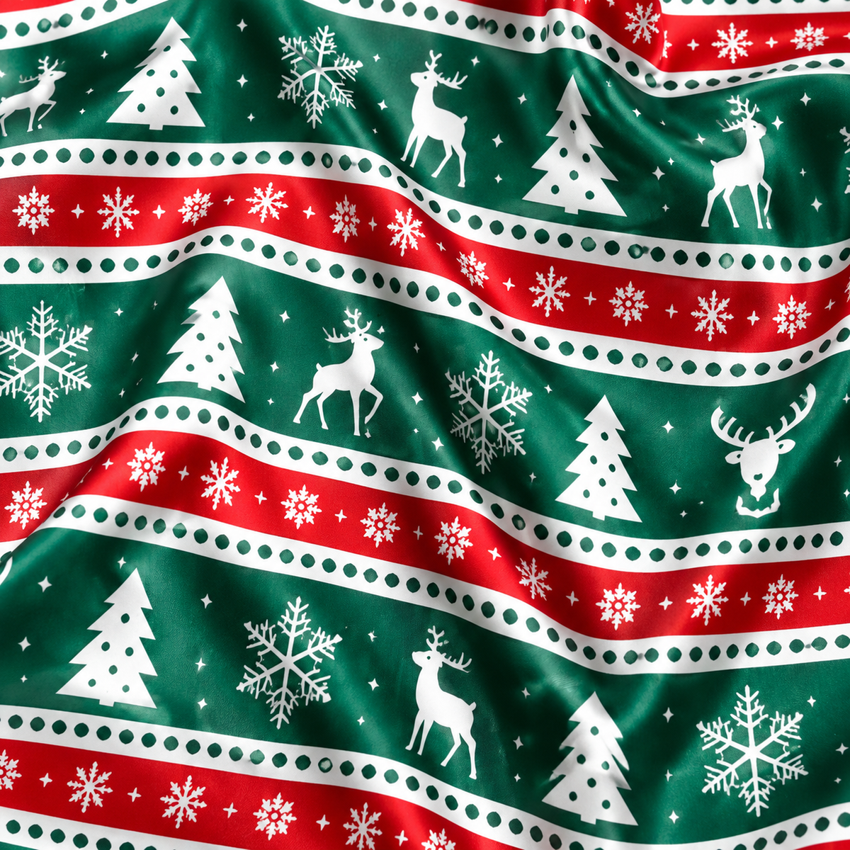 PJ-M2058-Christmas Reindeer Satin Pajama Set with Snowflakes Trees and Festive Green Red Nordic Fair Isle Pattern