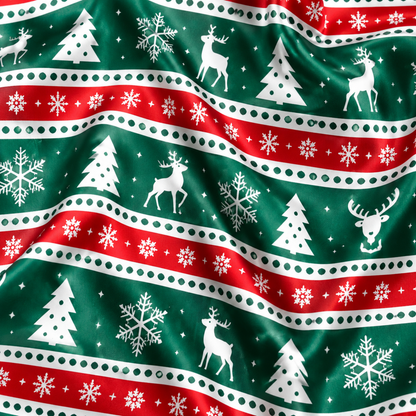 PJ-M2058-Christmas Reindeer Satin Pajama Set with Snowflakes Trees and Festive Green Red Nordic Fair Isle Pattern