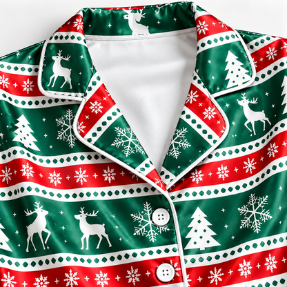 PJ-M2058-Christmas Reindeer Satin Pajama Set with Snowflakes Trees and Festive Green Red Nordic Fair Isle Pattern