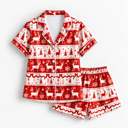 PJ-M2059-Christmas Reindeer Satin Pajama Set with Snowflakes Trees Hearts and Festive Red White Nordic Fair Isle Pattern