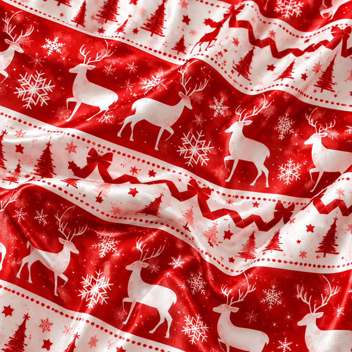 PJ-M2059-Christmas Reindeer Satin Pajama Set with Snowflakes Trees Hearts and Festive Red White Nordic Fair Isle Pattern