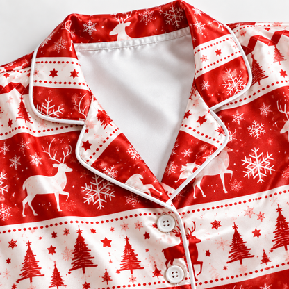 PJ-M2059-Christmas Reindeer Satin Pajama Set with Snowflakes Trees Hearts and Festive Red White Nordic Fair Isle Pattern