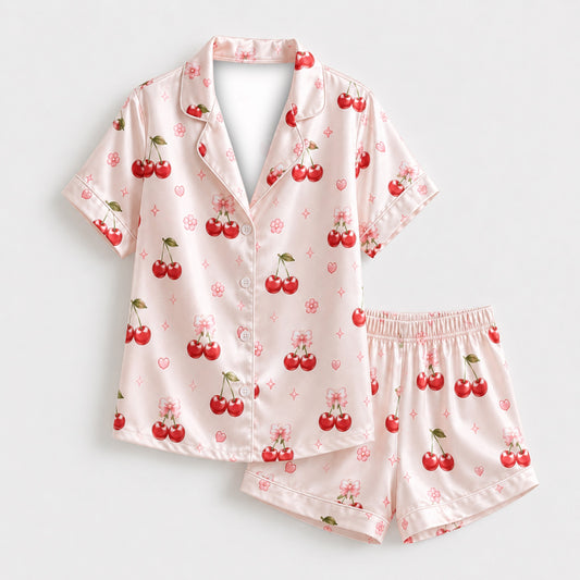 PJ-M206-Pink Cherry Bow Satin Pajama Set Heart Print Coquette Sleepwear Button Up Loungewear