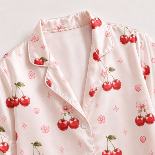 PJ-M206-Pink Cherry Bow Satin Pajama Set Heart Print Coquette Sleepwear Button Up Loungewear
