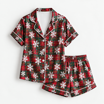 PJ-M2060-Christmas Plaid Satin Pajama Set with White Snowflakes and Festive Red Green Tartan Holiday Pattern