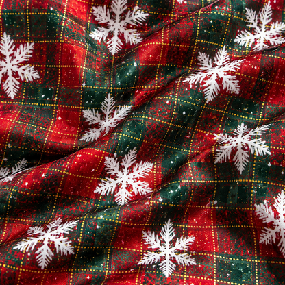 PJ-M2060-Christmas Plaid Satin Pajama Set with White Snowflakes and Festive Red Green Tartan Holiday Pattern