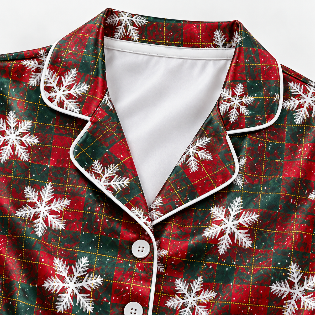 PJ-M2060-Christmas Plaid Satin Pajama Set with White Snowflakes and Festive Red Green Tartan Holiday Pattern
