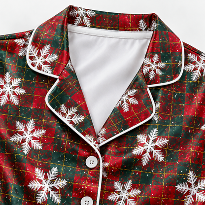 PJ-M2060-Christmas Plaid Satin Pajama Set with White Snowflakes and Festive Red Green Tartan Holiday Pattern