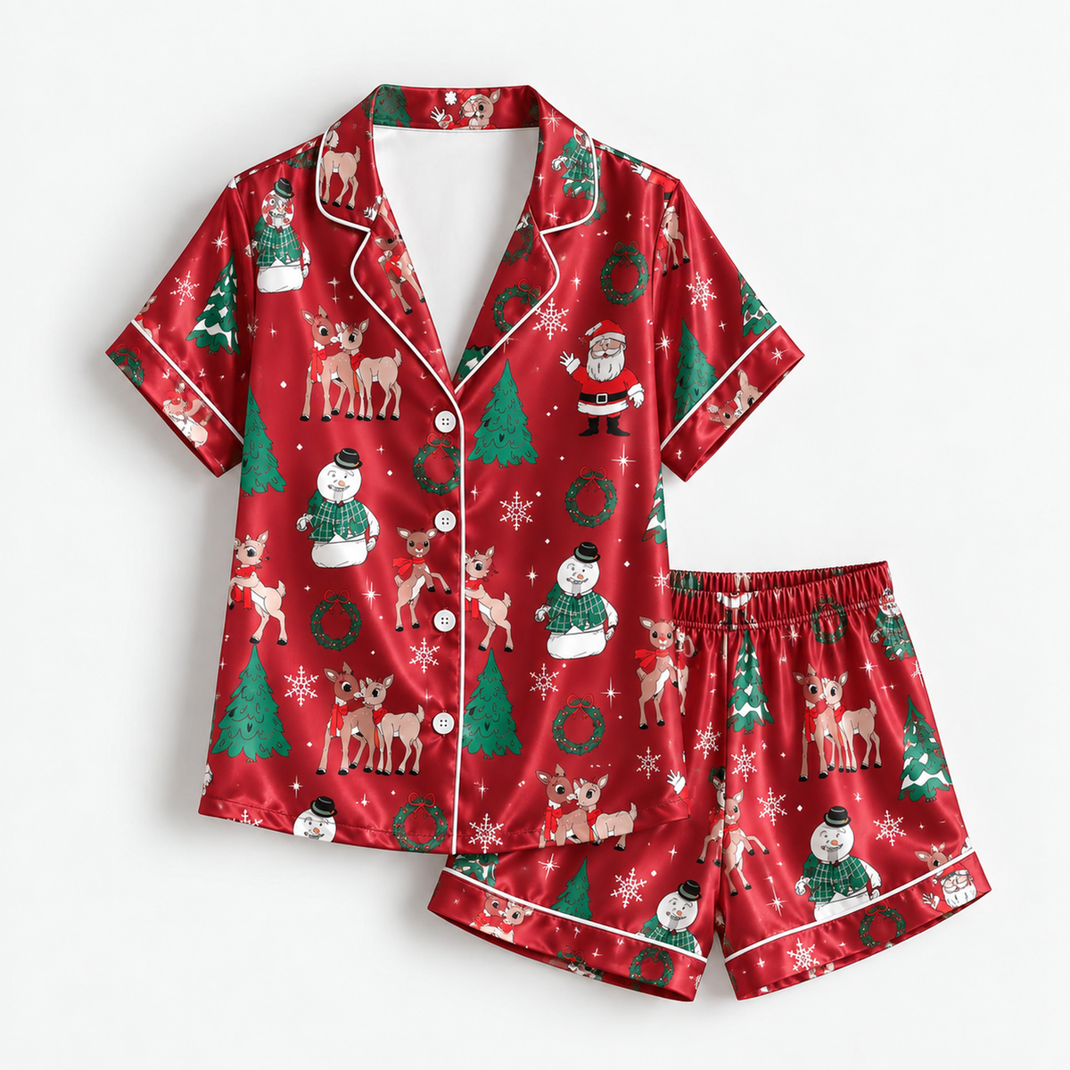 PJ-M2061-Christmas Reindeer Satin Pajama Set with Santa Snowman Trees Wreaths Snowflakes and Festive Red Holiday Pattern