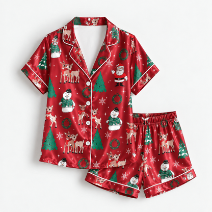 PJ-M2061-Christmas Reindeer Satin Pajama Set with Santa Snowman Trees Wreaths Snowflakes and Festive Red Holiday Pattern