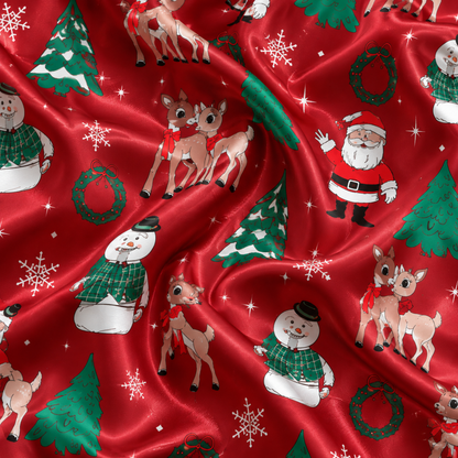 PJ-M2061-Christmas Reindeer Satin Pajama Set with Santa Snowman Trees Wreaths Snowflakes and Festive Red Holiday Pattern