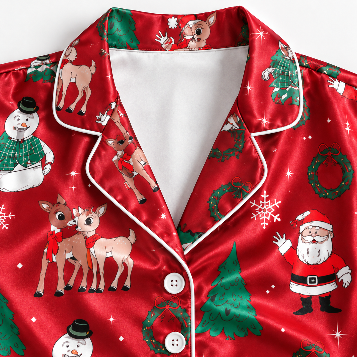 PJ-M2061-Christmas Reindeer Satin Pajama Set with Santa Snowman Trees Wreaths Snowflakes and Festive Red Holiday Pattern