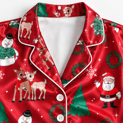 PJ-M2061-Christmas Reindeer Satin Pajama Set with Santa Snowman Trees Wreaths Snowflakes and Festive Red Holiday Pattern