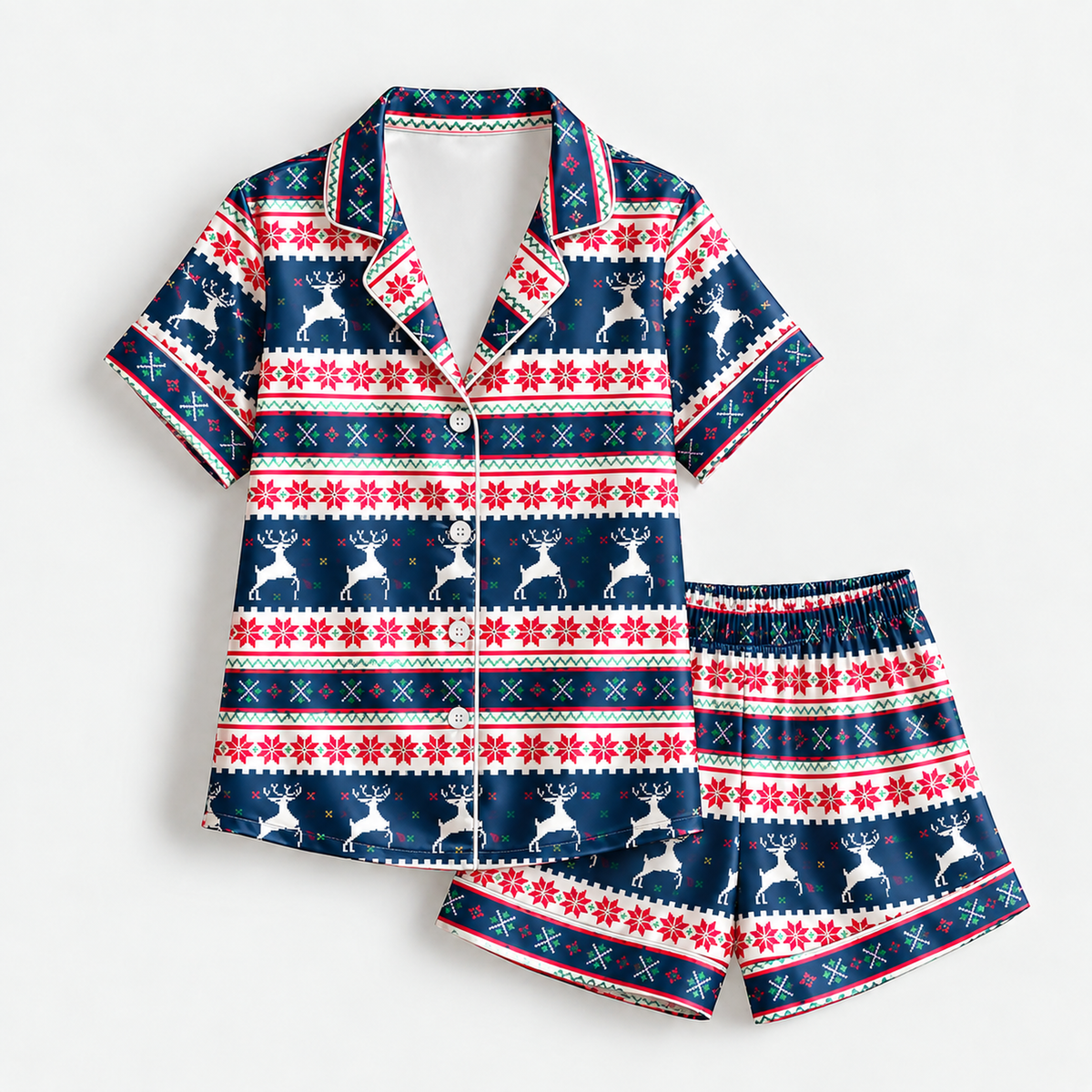 PJ-M2062-Christmas Reindeer Satin Pajama Set with Snowflakes Nordic Fair Isle and Festive Navy Holiday Pattern