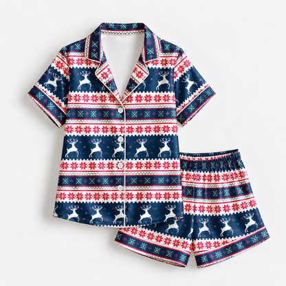 PJ-M2062-Christmas Reindeer Satin Pajama Set with Snowflakes Nordic Fair Isle and Festive Navy Holiday Pattern