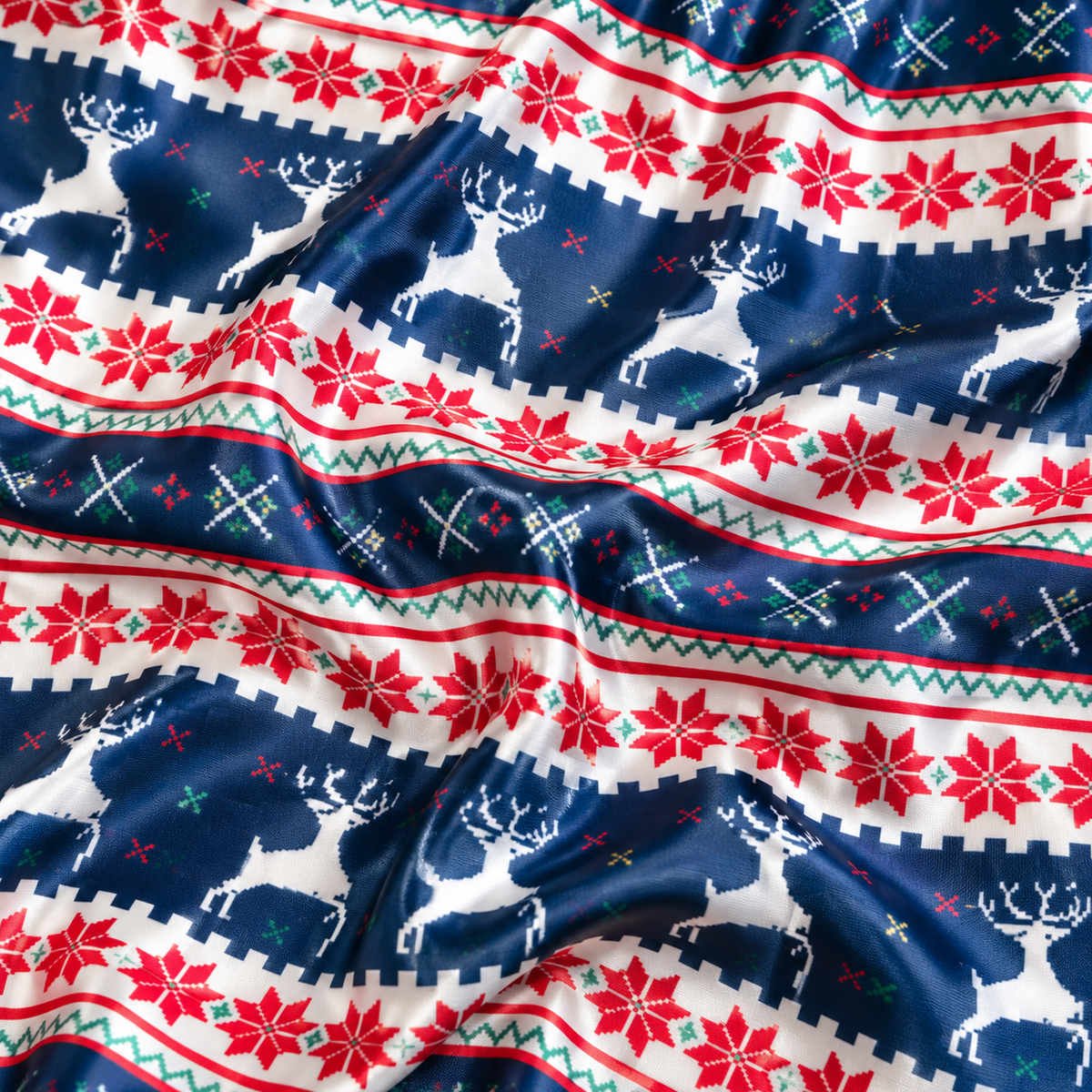 PJ-M2062-Christmas Reindeer Satin Pajama Set with Snowflakes Nordic Fair Isle and Festive Navy Holiday Pattern