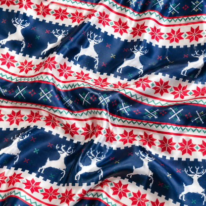 PJ-M2062-Christmas Reindeer Satin Pajama Set with Snowflakes Nordic Fair Isle and Festive Navy Holiday Pattern