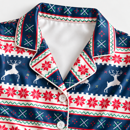 PJ-M2062-Christmas Reindeer Satin Pajama Set with Snowflakes Nordic Fair Isle and Festive Navy Holiday Pattern