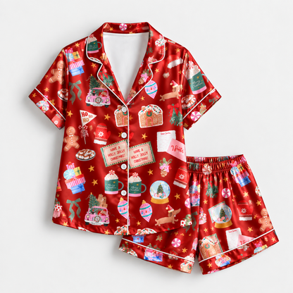 PJ-M2063-Christmas Baking Satin Pajama Set with Gingerbread Cookies Cakes Cocoa Mugs Recipe Cards and Festive Red Holiday Pattern