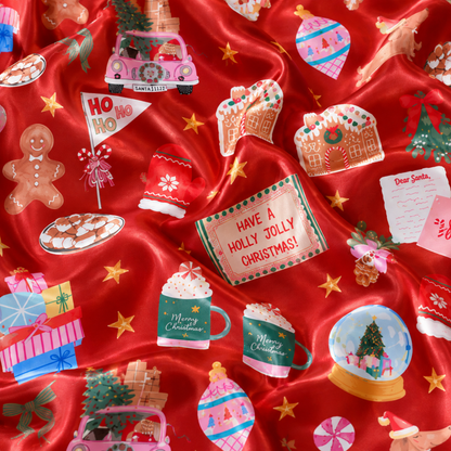 PJ-M2063-Christmas Baking Satin Pajama Set with Gingerbread Cookies Cakes Cocoa Mugs Recipe Cards and Festive Red Holiday Pattern