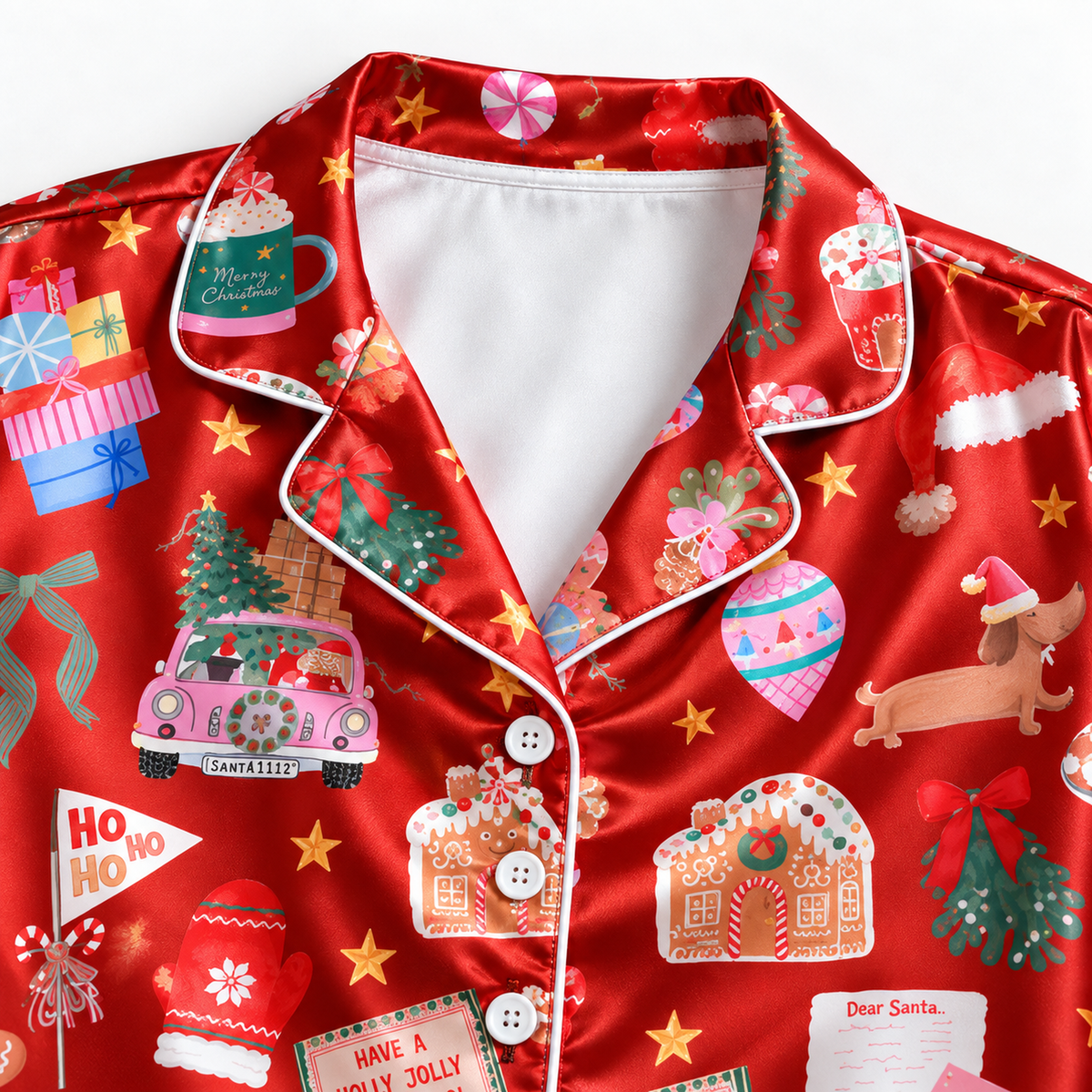 PJ-M2063-Christmas Baking Satin Pajama Set with Gingerbread Cookies Cakes Cocoa Mugs Recipe Cards and Festive Red Holiday Pattern