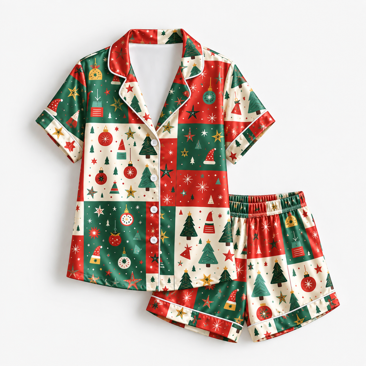 PJ-M2064-Christmas Patchwork Satin Pajama Set with Christmas Trees Ornaments Stars Snowflakes and Festive Red Green Holiday Pattern