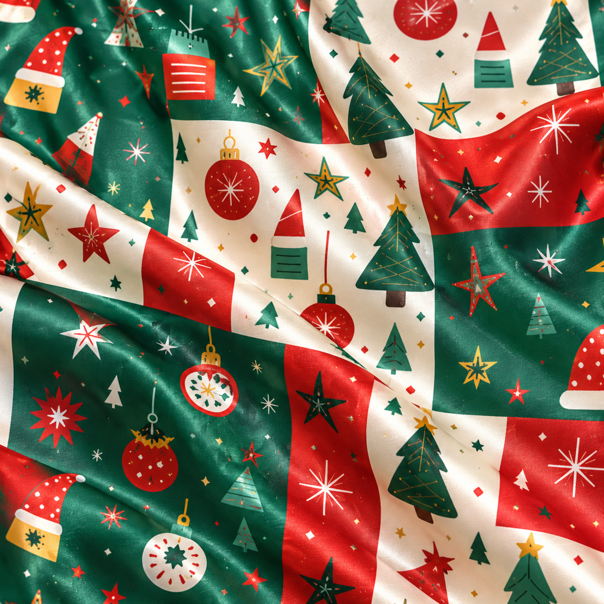 PJ-M2064-Christmas Patchwork Satin Pajama Set with Christmas Trees Ornaments Stars Snowflakes and Festive Red Green Holiday Pattern