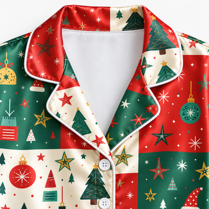 PJ-M2064-Christmas Patchwork Satin Pajama Set with Christmas Trees Ornaments Stars Snowflakes and Festive Red Green Holiday Pattern