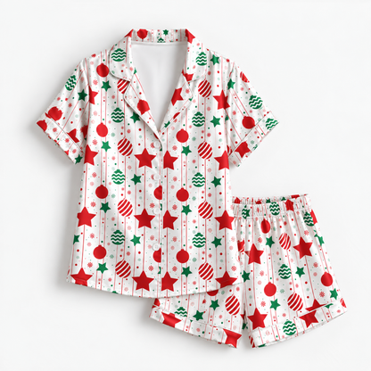 PJ-M2065-Christmas Satin Pajama Set with Red Green Ornaments Stars Snowflakes and Festive Holiday Pattern