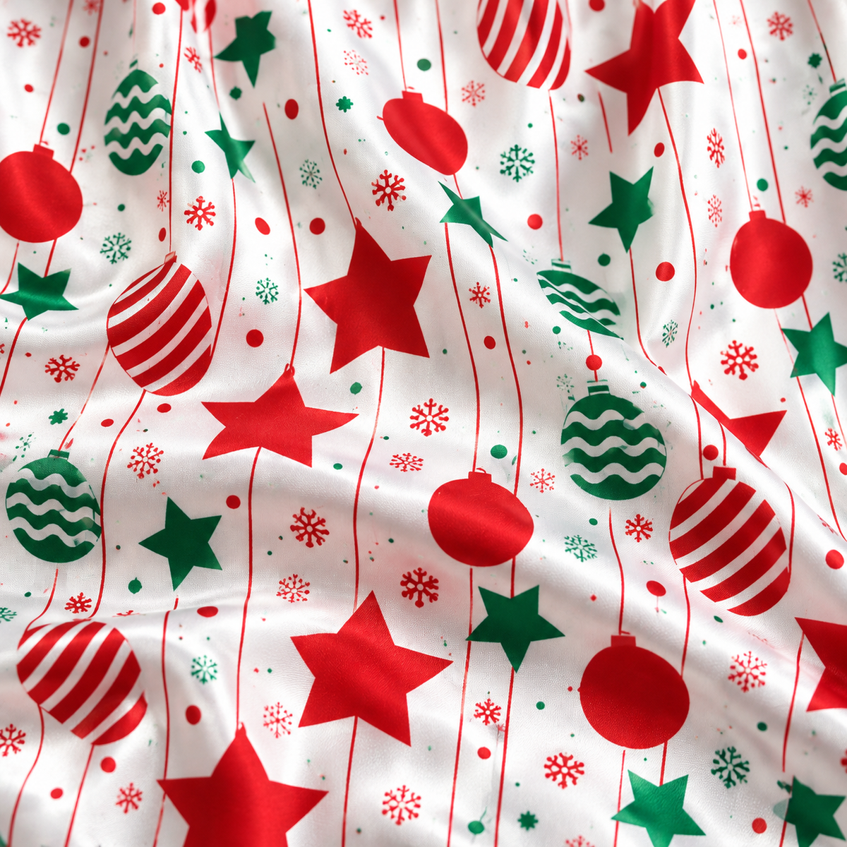 PJ-M2065-Christmas Satin Pajama Set with Red Green Ornaments Stars Snowflakes and Festive Holiday Pattern