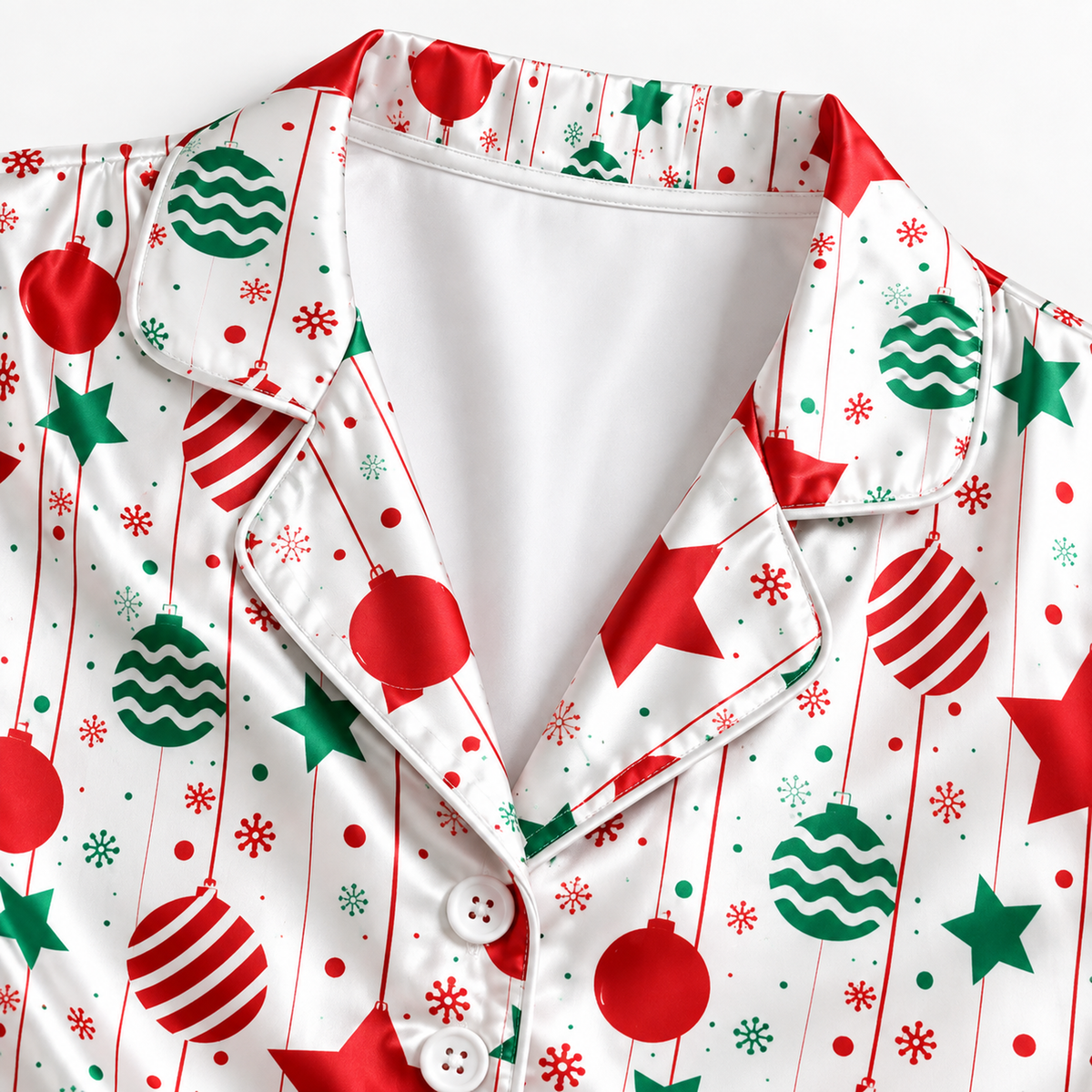 PJ-M2065-Christmas Satin Pajama Set with Red Green Ornaments Stars Snowflakes and Festive Holiday Pattern