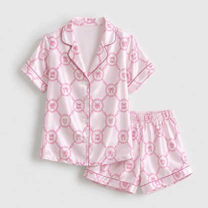 PJ-M207-Ribbon Pajama Apparel, Cherry Heart Pattern Loungewear Sleepwear Collection Top Bottom Clothing